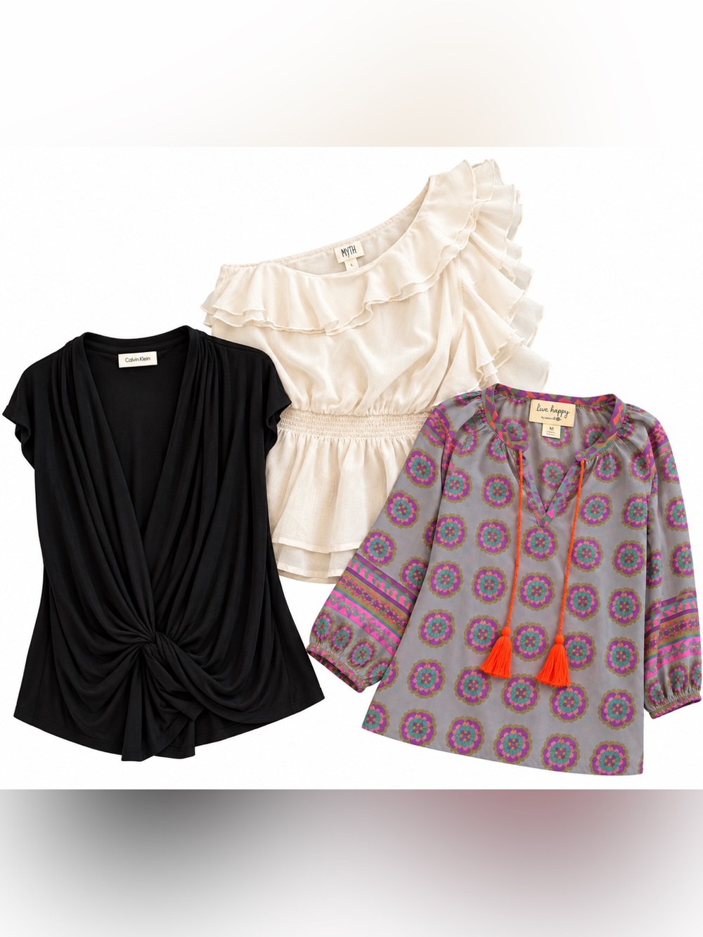 Women’s 3 Top Bundle Natural Life MYTH NYC Free to Live Boho Ruffle Tops Size L